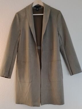 Joan Vass New York@ Bloomingdales Faux Leather Taupe Open-Front Long Trench Coat